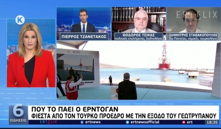Στο Δελτίο Ειδήσεων της ΕΡΤ-1 των 6 μμ, για σχολιασμό της επίσημης αναγγελίας του απόπλου του τουρκικού πλωτού γεωτρύπανου ''Αμπντουλχαμίντ Χαν" από τον πρόεδρο Ερντογάν - 9/8/2022